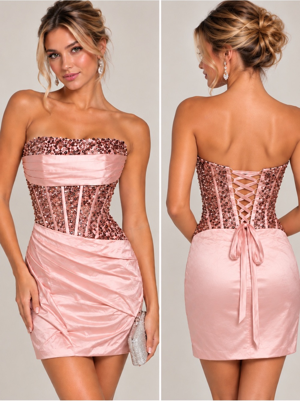 Strapless Blush Pink Sequin Corset Lace-Up Mini Dress Size 2 NWT